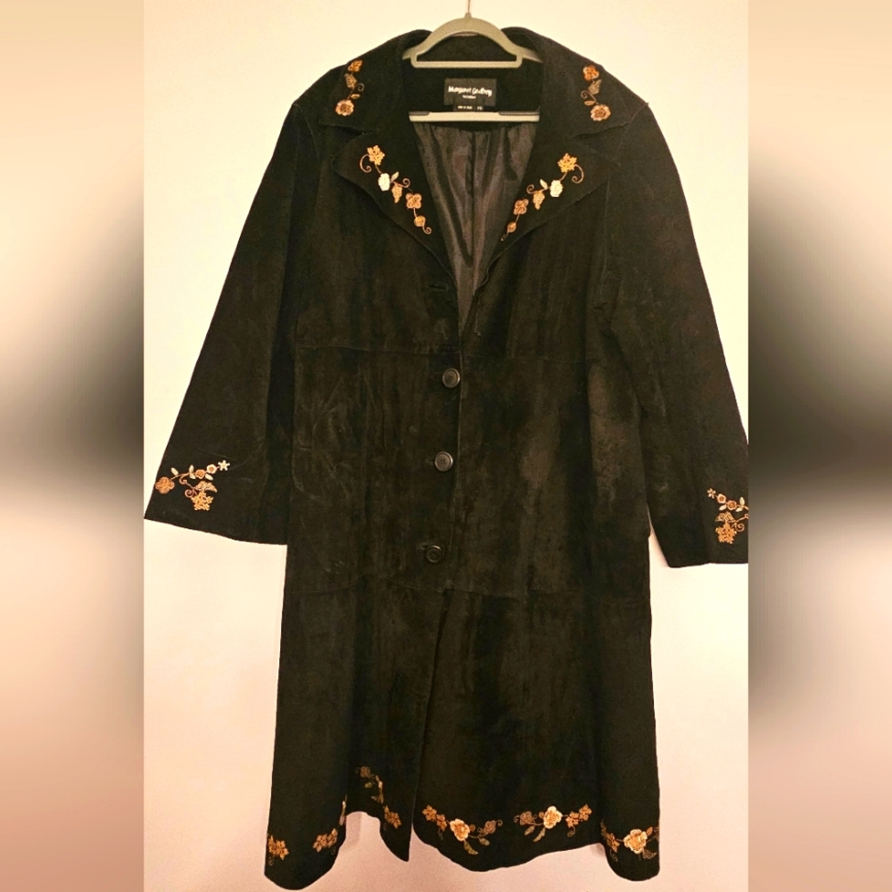 Margaret Godfrey Vintage Black Suede Embroidered Longline Coat
